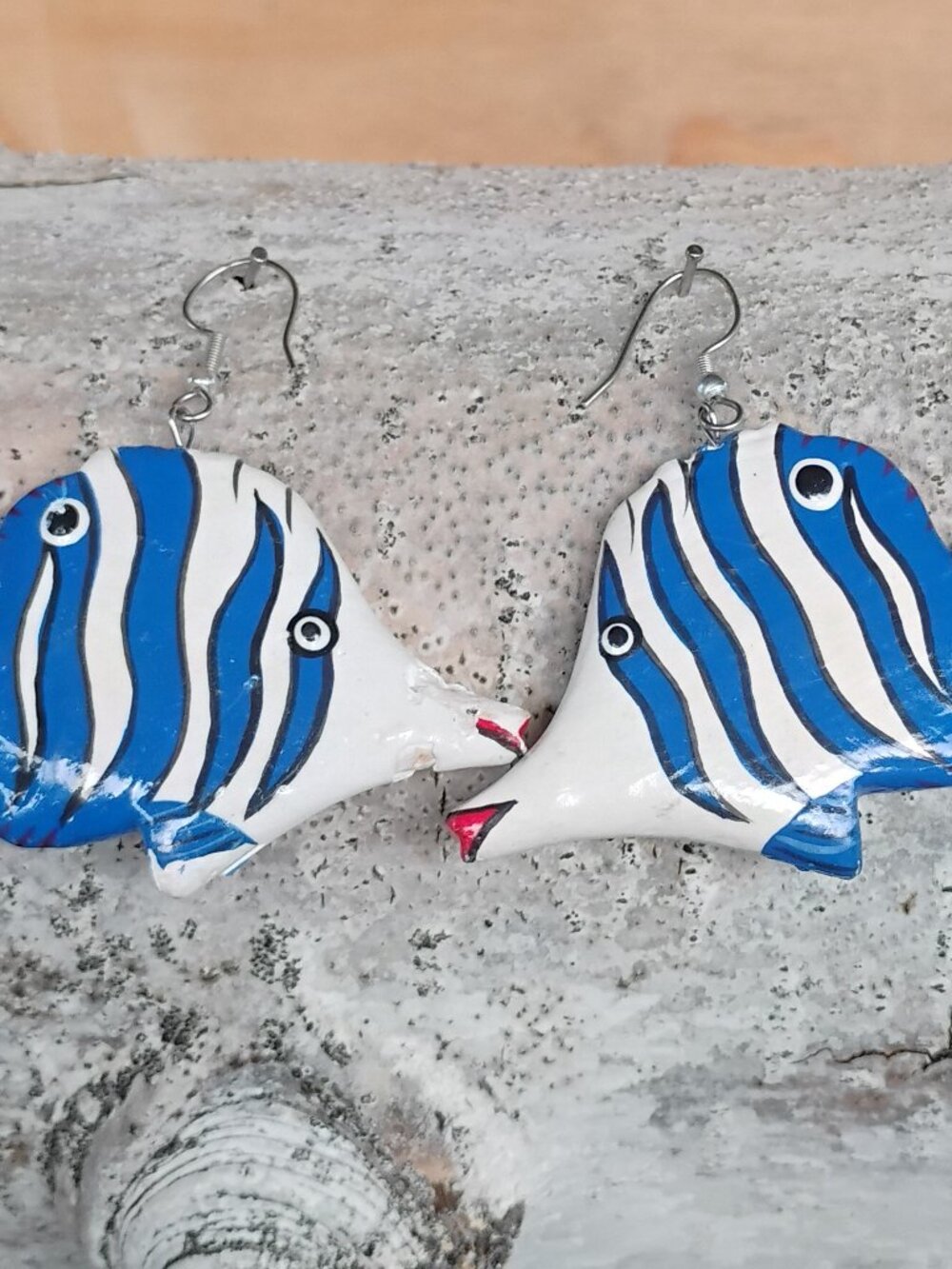 Retro Wooden Blue n White Fish Earrings